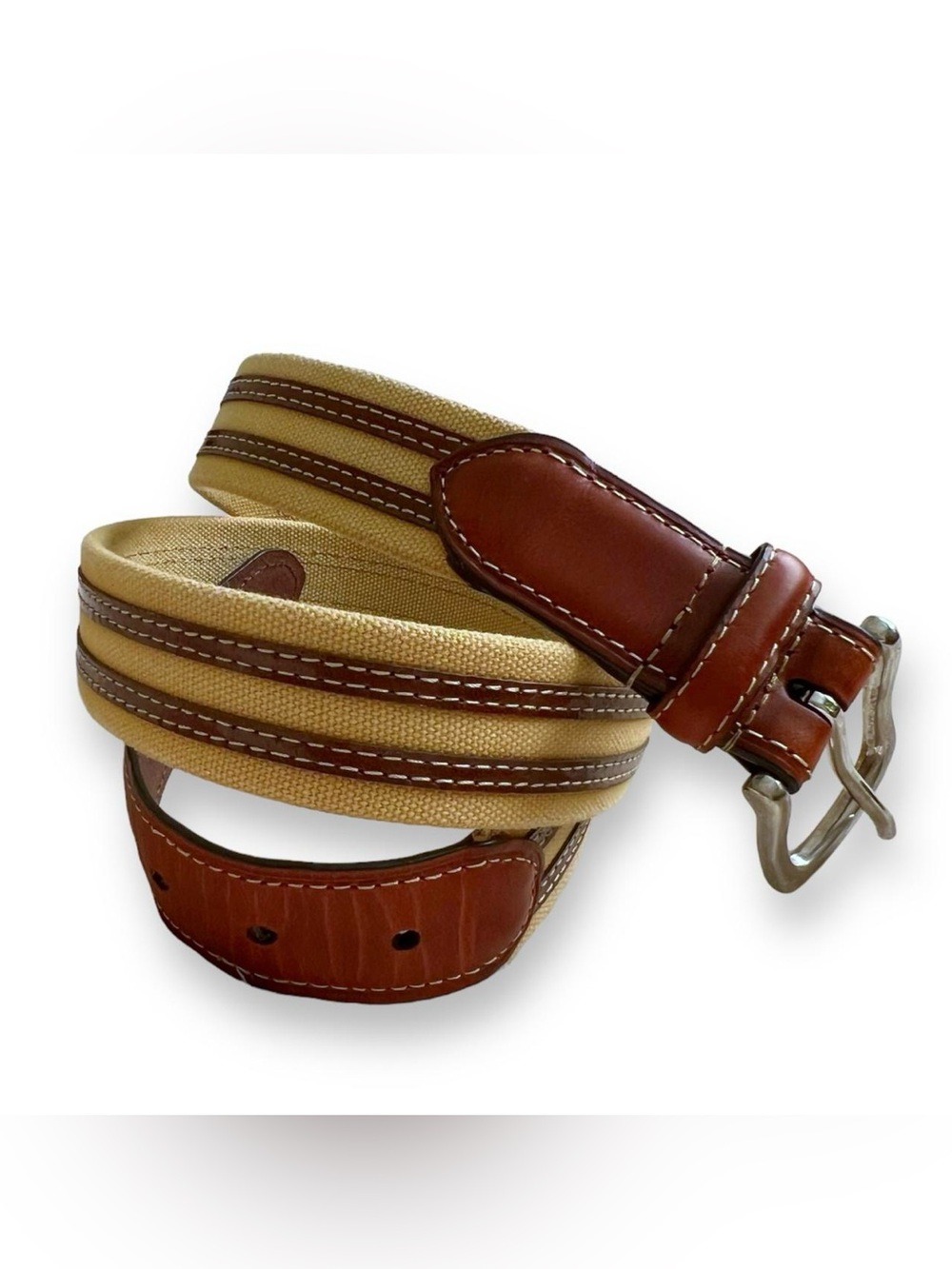 Vintage 70s beige and brown fabric and leather menโs belt